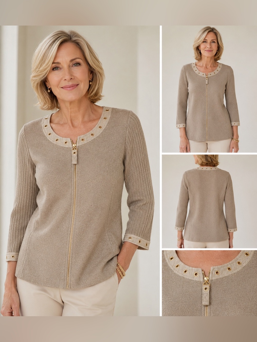 St. John Sport Knit Zip Cardigan Jacket Beige Gold Grommet Trim Rib Sleeve Luxe
